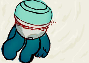 Episode 7 release art. Cuppy floating amongst the clouds, asleep.