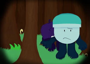 Episode 1 release art. Apple is cowering behind Cuppy, who is extending his arm for support. They are in a forest.