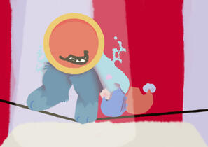 Episode 4 release art. Token is balancing on a tightrope, holding out their hat towards the viewer while smiling. There is a spotlight cast over them.