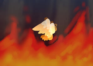Episode 3 release art. Paper Bag is falling into a pit of fire.