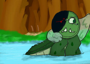 Episode 5 Teaser art. Button stands in the middle of her swamp, looking concerned.