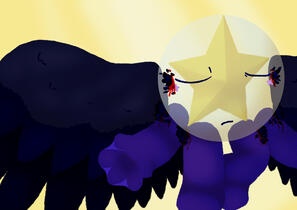 Episode 4 teaser art. Marble is basking in the divine light as she flies with a newly grown pair of wings. Feathers sprout from her upper arms and around her eyes.