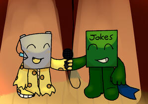 Episode 2 teaser art. Bucket and Jokebook are on stage together, holding a microphone and singing.
