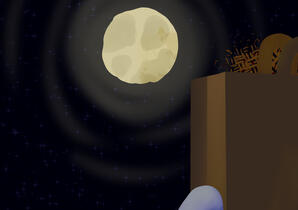 Episode 3 teaser art. Paper Bag is looking up at the moon, hallucinating the face of his mother.