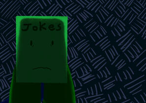 Episode 2 release art. Jokebook is frightened, cloaked in shadows. Behind him is the light source, illuminating very little of him. The background is simple, just crosshatching over a solid color background.